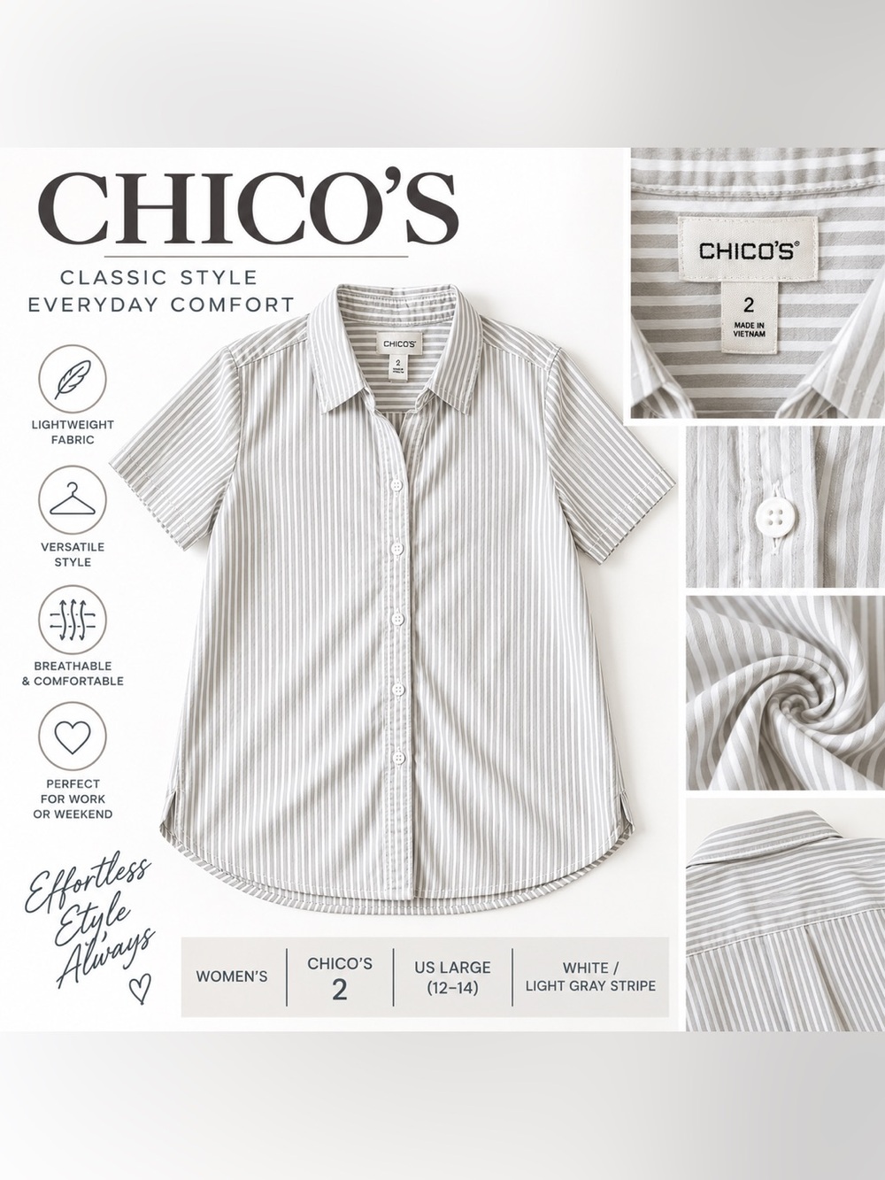 Chico's White & Light Gray Striped Short-Sleeve Button Shirt